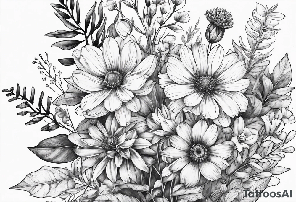 long stem wildflower bouquet tattoo idea