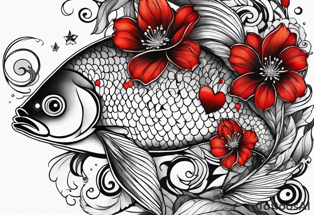 pisces with black and red flowers tattoo idea