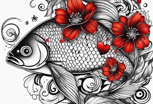 pisces with black and red flowers tattoo idea