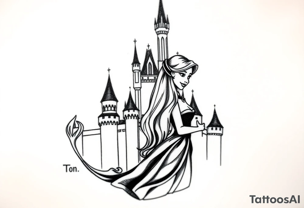 Disney princesses ariel and bell, hugging inn front of disney castle, black and white realism,castle can be outlined no need for details. tattoo idea