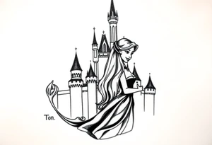 Disney princesses ariel and bell, hugging inn front of disney castle, black and white realism,castle can be outlined no need for details. tattoo idea