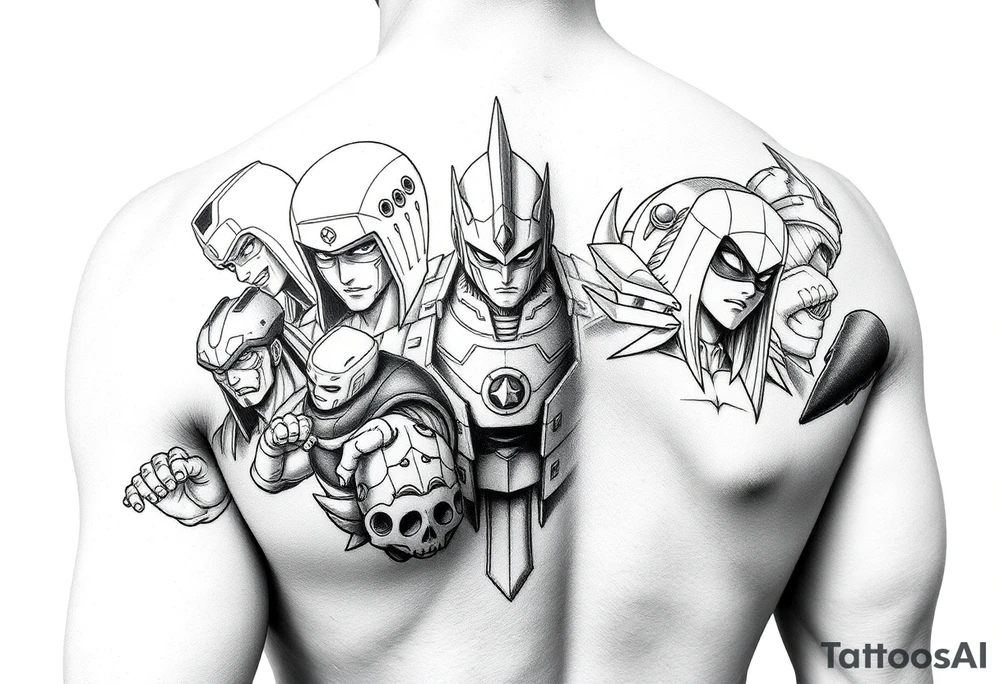 Show me a full arm sleeve with lots of different anime style heroes tattoo idea
