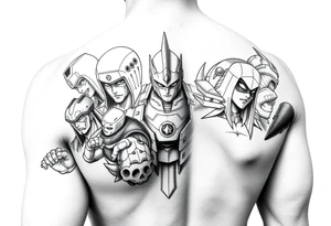 Show me a full arm sleeve with lots of different anime style heroes tattoo idea