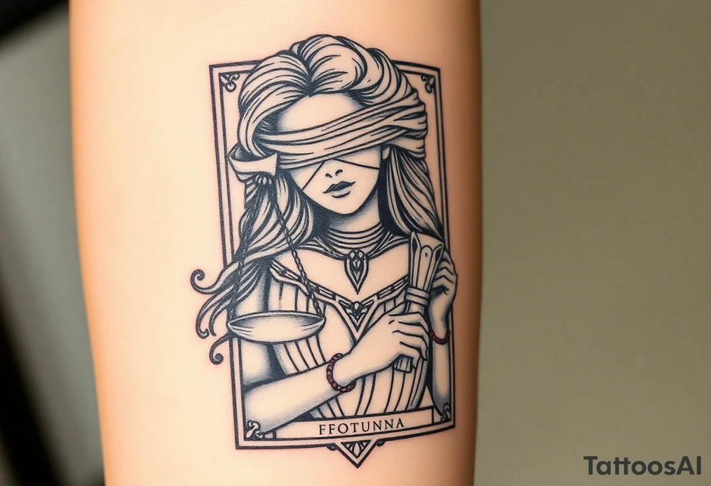 Fortuna's card as a beautiful woman with eyes covered with material, holds a scale in her hands. This character have to be in a card/frame tattoo idea