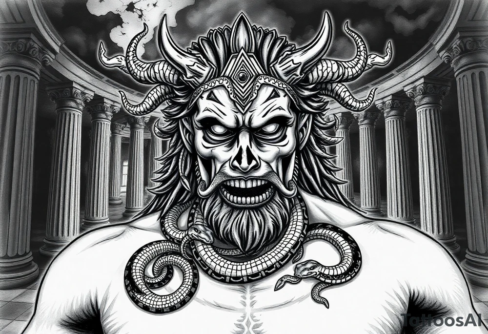 Oráculo de Delfos
Rostro andrógino cubierto con una venda, de la boca salen humo y serpientes.

Fondo con columnas quebradas y un templo al fondo, envuelto en sombras.

Puedes incorporar palabras en griego antiguo como "Γνῶθι σεαυτόν" (“conócete a ti mismo”). tattoo idea