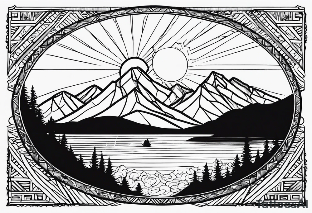 mountains, road, lake, yurt, sun tattoo idea