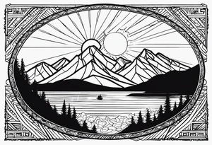 mountains, road, lake, yurt, sun tattoo idea