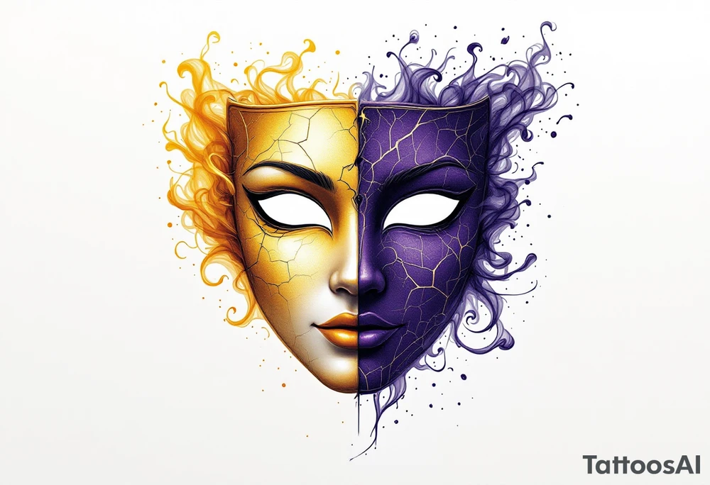 A split mask—one side is golden, smooth, and radiant, representing purity and wisdom, while the other is dark violet, cracked, and shadowed, exuding mystery and danger. The mask floats with swirling smoke around it, emphasizing the duality of good and evil. tattoo idea