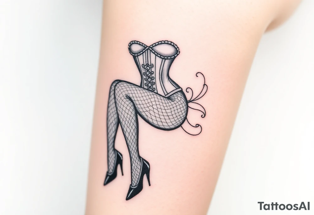 Seated woman, wearing a corset, fishnet tights and black shiny stilettos tattoo idea