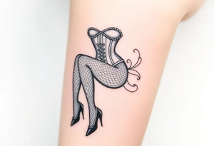 Seated woman, wearing a corset, fishnet tights and black shiny stilettos tattoo idea