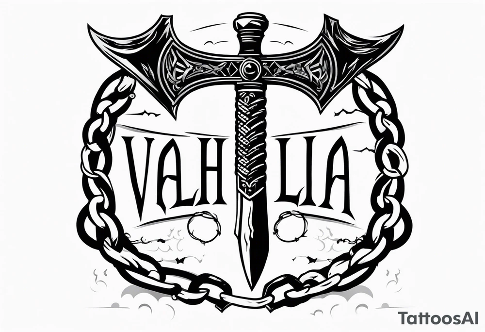 Valhalla sword round shield axe barbed wire chains dark cloud tattoo idea