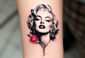Black and grey Marilyn with a single red rose tucked behind her ear. tattoo idea
