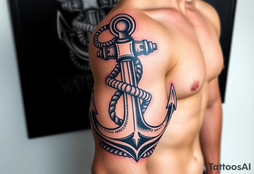 weathered anchor wrapped in nautical rope with sea waves tattoo idea
