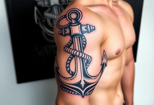 weathered anchor wrapped in nautical rope with sea waves tattoo idea