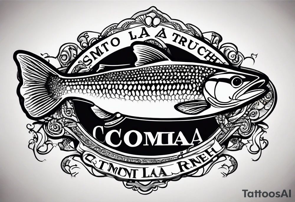A small tattoo with a shaded trout and text that says, 'Como la trucha...' drawn with fine lines." tattoo idea