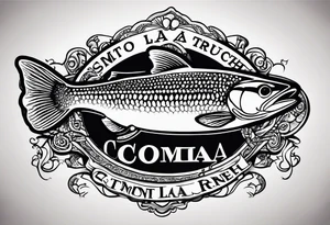 A small tattoo with a shaded trout and text that says, 'Como la trucha...' drawn with fine lines." tattoo idea