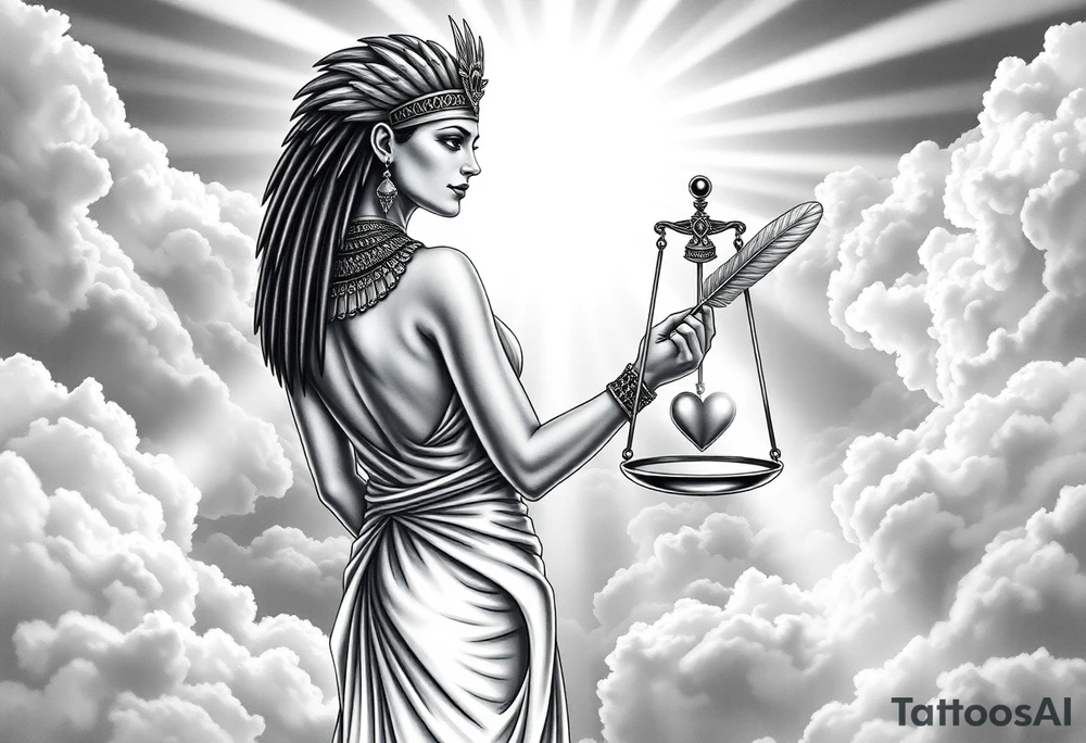 beautiful Egyptian goddess stands with her back slightly turned, accentuating her figure. Wearing a silk gown. She wears an elaborate ostrich feather headdress and ornate, intricate ancient Egyptian jewelry draped across her body. Her expression is mysterious and confident. In one hand, she holds the Scales of Justice: one side holds a radiant, glowing heart; the other, Ma’at’s feather. The scales themselves shimmer with an otherworldly light.
The background is a surreal, heavenly landscape filled with luminous clouds and beams of divine light piercing through, creating dramatic contrasts of deep shadows and highlights. The entire scene is bathed in an ethereal, mystical glow, with a dreamlike, almost supernatural atmosphere. tattoo idea