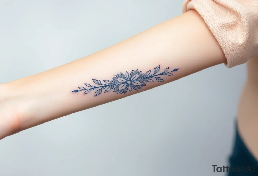 A lace ribbon around the forearm, with fine embroidery-inspired details tattoo idea