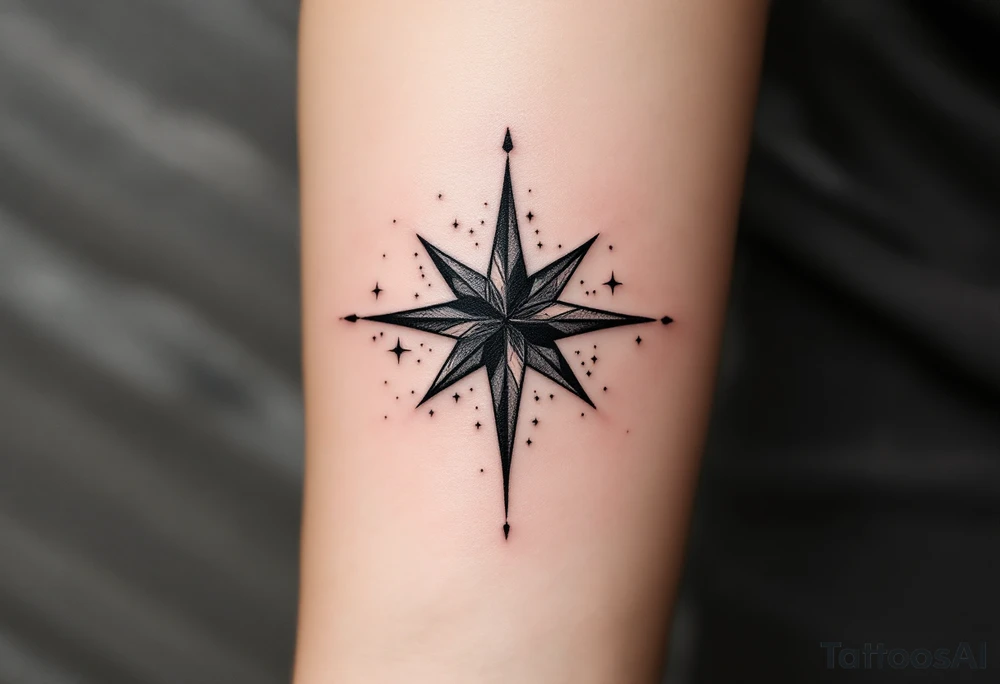 A bold black eight-pointed star tattoo symbolizes balance and cosmic order. tattoo idea