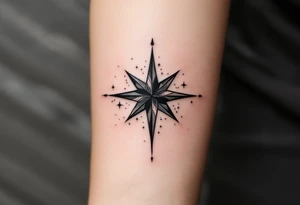 A bold black eight-pointed star tattoo symbolizes balance and cosmic order. tattoo idea