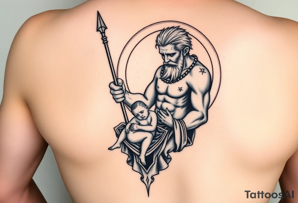 a tattoo design of the Greek God Saturn but older and nearly dying holding his spear looking down using the spear to keep himself upright, in his other arms cradling a twin dying younger version of himself. The gemini constellation is in the background behind the Saturn Gods. Long vertical form as this will be on a thigh - include the planet Saturn rings going round the design tattoo idea