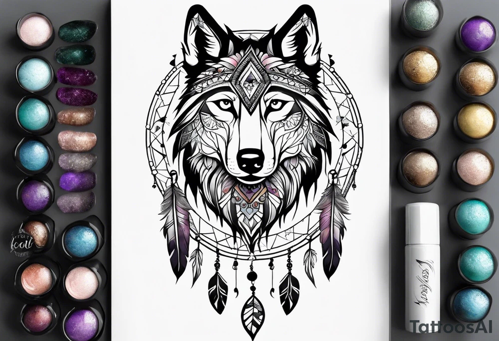 A whimsical wolf tattoo featuring mandala or dream catcher elements, with the wolf as the central focus. Show the wolves whole body standing surrounded by mountains in the background. Include flowers and nature elements to fill the space around the wolf. Some color but not completely solid bold color tattoo idea