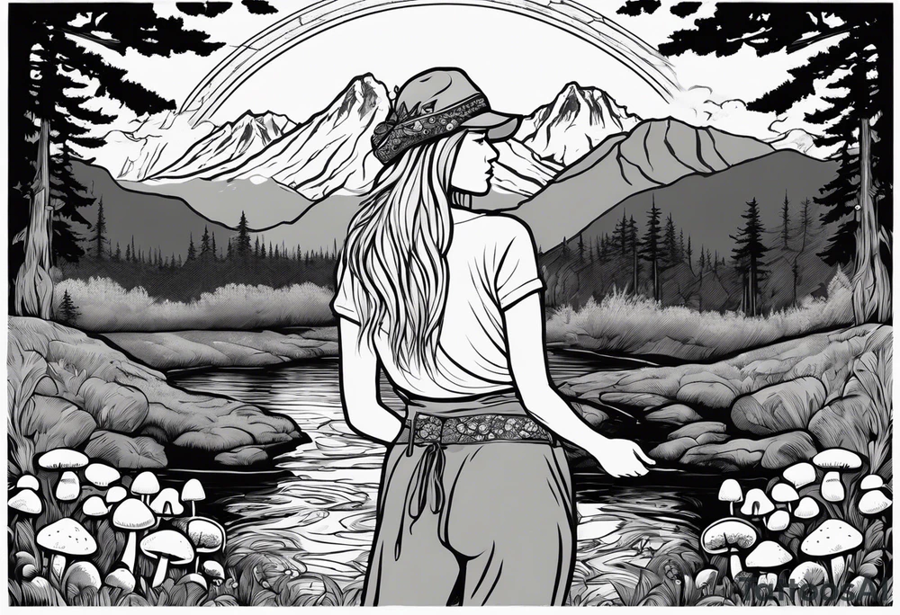 Whole picture encircled fully

Straight long blonde hair hippie girl in distance holding mushrooms in hand facing away toward mountains and creek surrounded by mushrooms long sleeve shirt and hiking pants; whole rendering within a full circle, no cut off circle tattoo idea