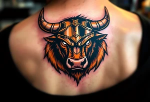 Gladiator Bull – Strong bull with armor helm over its forehead, fur in burnished bronze and dusty brown, and war paint streaked across the eyes. tattoo idea