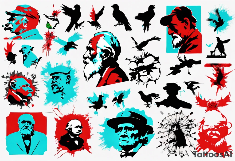 BANKSY ART STYLE, red and cyan, Pigment, picture, Nobel prize, Darwin tattoo idea