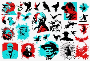 BANKSY ART STYLE, red and cyan, Pigment, picture, Nobel prize, Darwin tattoo idea