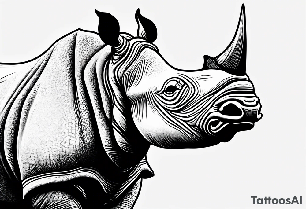 A rhino head with a dark attitude, and a sharp elongated tusk. tattoo idea