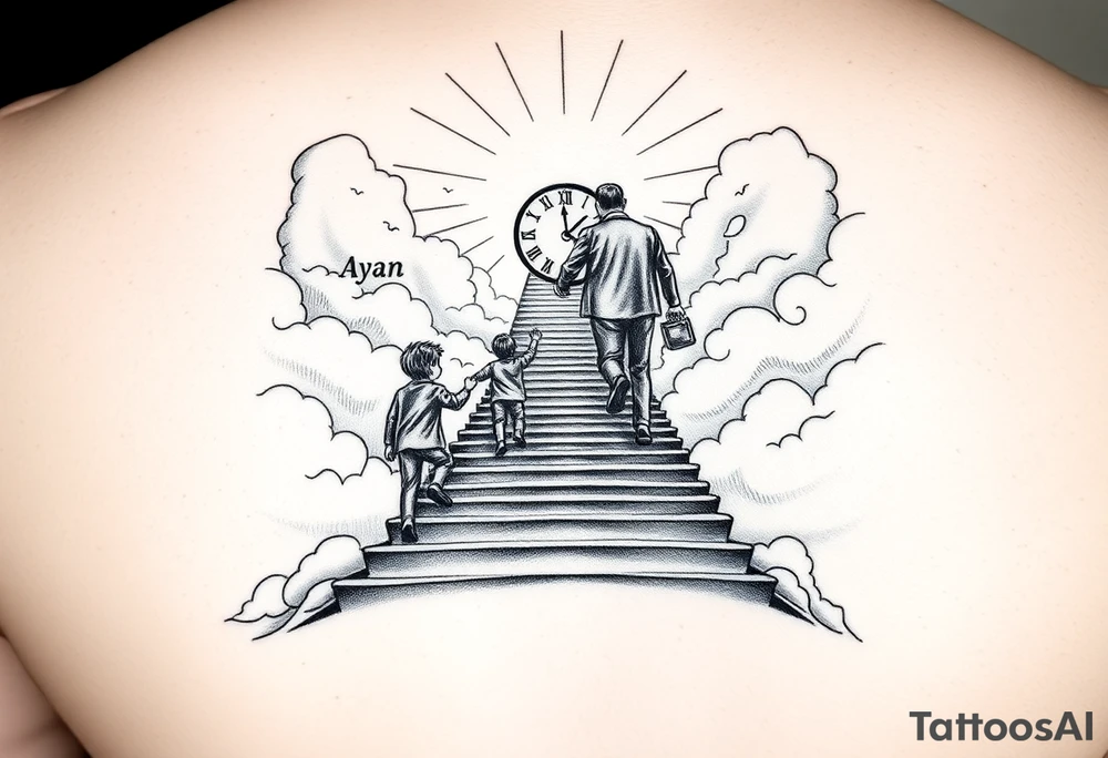 A symbolic black and grey tattoo design showing a father and his two sons climbing a long staircase toward a glowing clock at the top, surrounded by a radiant, heavenly atmosphere with sunlight and clouds. The environment should feel peaceful and divine, as if in heaven. The names 'Ayan' and 'Luis' should be elegantly integrated into the design, well balanced and harmoniously placed within the scene. tattoo idea