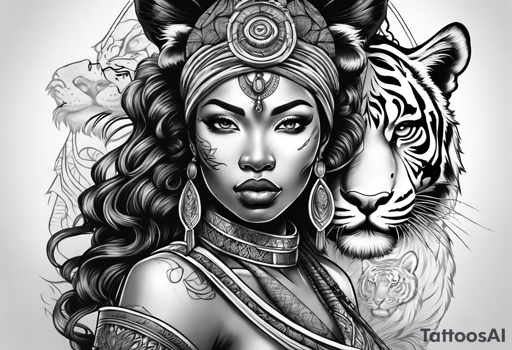 African goddess with sword and tiger Japanese traditional style full sleeve tattoo tattoo idea