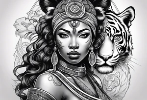 African goddess with sword and tiger Japanese traditional style full sleeve tattoo tattoo idea