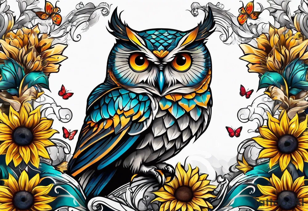 Sleeve with an owl, sunflower and butterfly tattoo idea