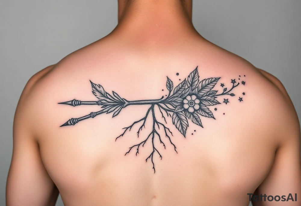 A broken spear with roots growing through it, tribal blackwork style, symbolizing healing through soul, not ego. 
One side traditional tribal pattern (e.g. Polynesian spear motifs), the other cracked but reforged with symbols of soul: leaves, stars, or water. tattoo idea