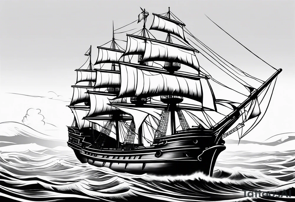 Large traditional ship facing right with calm water tattoo idea