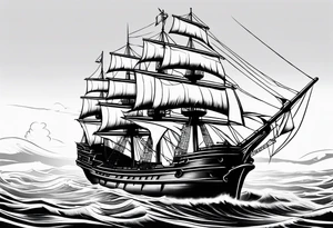 Large traditional ship facing right with calm water tattoo idea