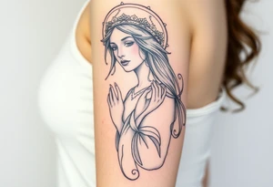 Florence from Florence and the machine as a saint in an art nouveau  style similar to her dance fever album cover art tattoo idea