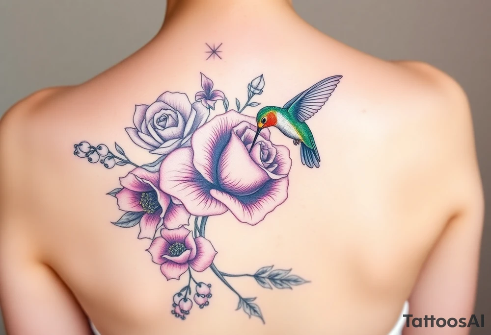 Bouquet of flowers with a carnation, rose, Lily of the valley, delphinium with stems Starting upper middle back to right shoulder With humming bird feeding on rose tattoo idea