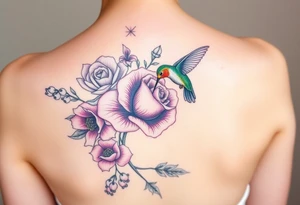 Bouquet of flowers with a carnation, rose, Lily of the valley, delphinium with stems Starting upper middle back to right shoulder With humming bird feeding on rose tattoo idea