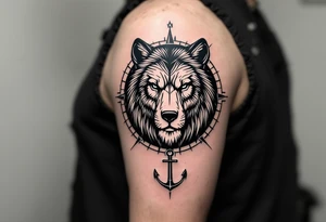 1/3wolf 1/3bear 1/3 lion surrounded by a compass with a small anchor on bottom. for sleeve tattoo idea