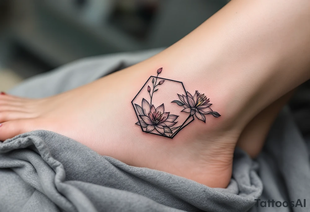 Leo, larkspur and water lily surrounded by a hexagon tattoo idea