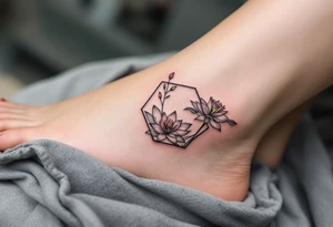 Leo, larkspur and water lily surrounded by a hexagon tattoo idea