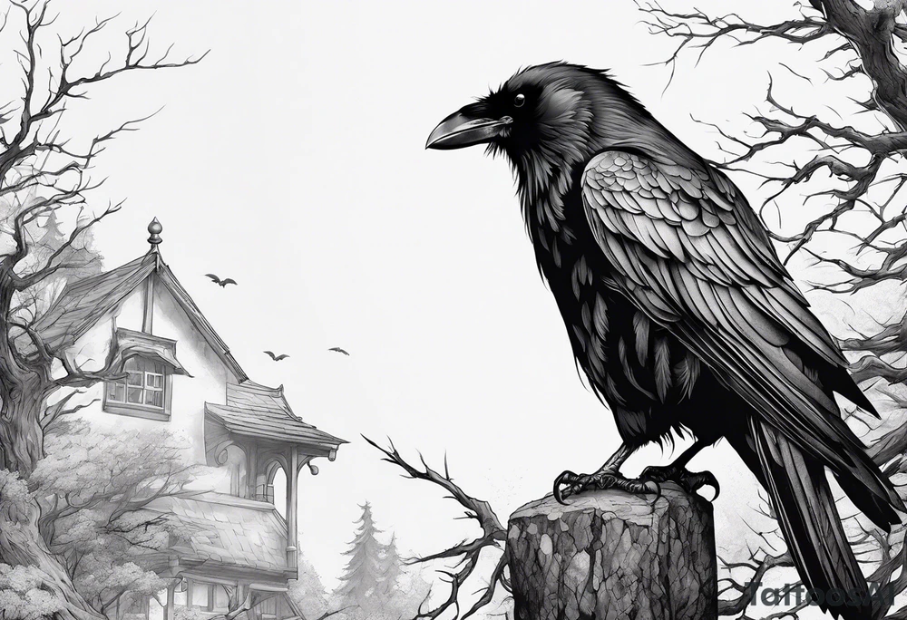 a scary black raven facing left tattoo idea