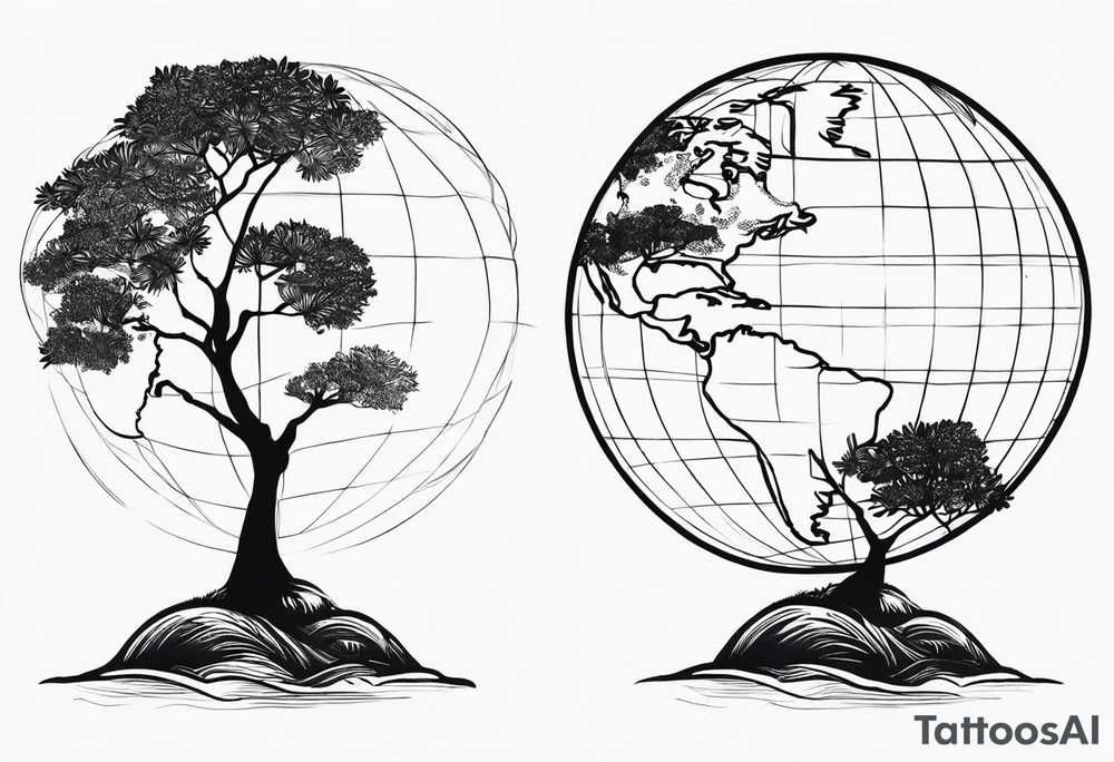 minimalistic, fine line tattoo, very few lines only, showing a globe growing out of a tree stem, symbolizing the love for traveling and experiencing the world and new cultures but not forgetting about the roots of family and friends who I am very grateful for tattoo idea