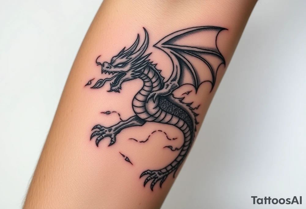 fierce dragon breathing iridescent fire against stormy skies tattoo idea