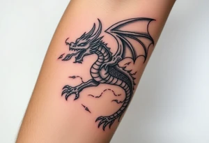 fierce dragon breathing iridescent fire against stormy skies tattoo idea