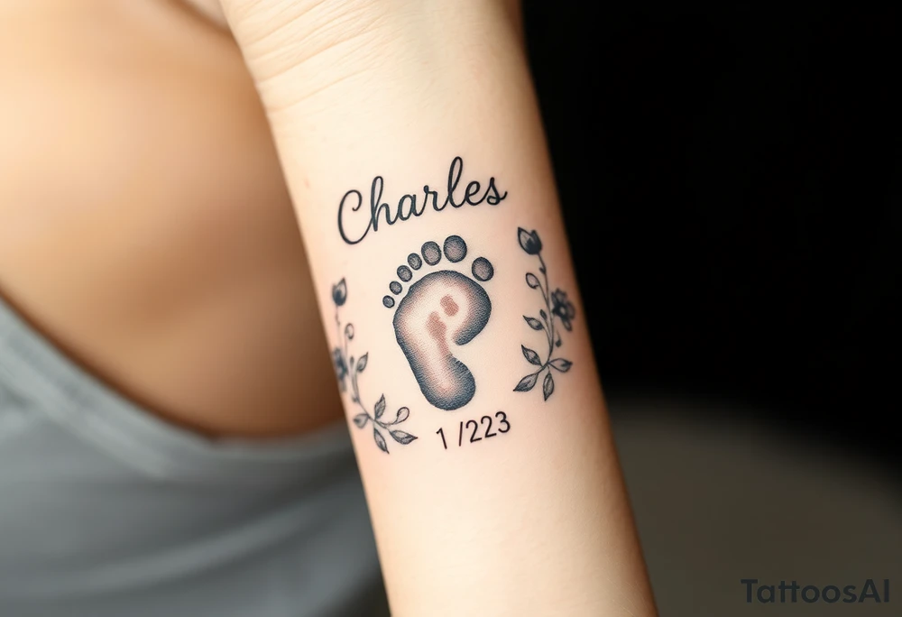 baby footprint print with the name Charles above it, the date 1-14-23 below it and surrounded by floral vines on a forearm tattoo idea
