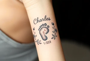 baby footprint print with the name Charles above it, the date 1-14-23 below it and surrounded by floral vines on a forearm tattoo idea
